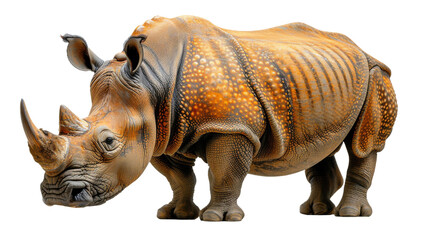 An artistic stylized image of a golden rhinoceros with highly detailed textured skin, giving an...