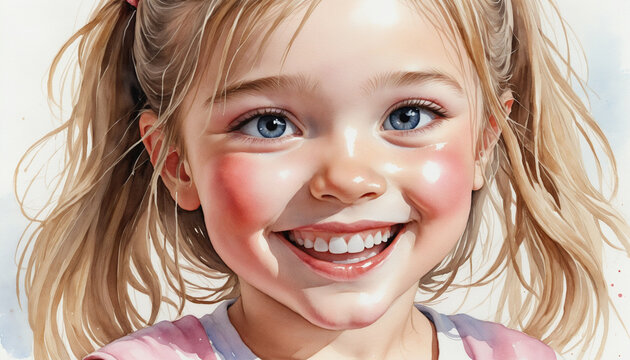 Watercolor illustration of a smiling little girl 