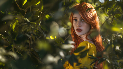 Earth day banner featuring the portrait of a beautiful woman surrounded with leaves, nature concept, copy space for text