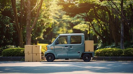 small modern japanese pickup with cardboard boxes, delivery of goods concept, isolated background, bright, daylight - obrazy, fototapety, plakaty