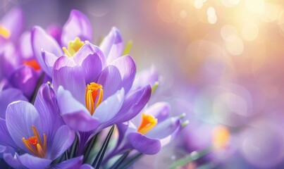 Background with purple crocuses, spring nature flowers, template for horizontal banner