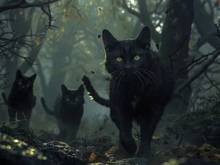 Fotobehang 3D Illustrate of Cats in the Heart of Darkness In the depths of a deadly forest a group of black cats prowls through the shadows © wilaiwan