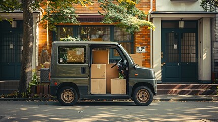 Fototapeta na wymiar small modern japanese pickup with cardboard boxes, delivery of goods concept, isolated background, bright, daylight