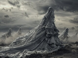 3D Illustrate of Draped in the remnants of a brides dress the walking bones wander through a desolate death field - obrazy, fototapety, plakaty
