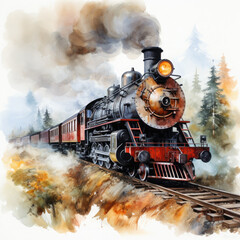 Naklejka premium Watercolor Seamless STEAM TRAIN Illustration, Generative Ai