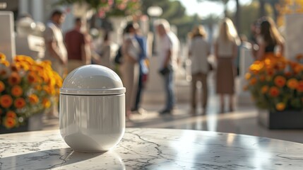  white minimalist urn for ashes on the marble table at the cemetery, family farewell ceremony to a loved one, natural daylight, copy space. Funeral concept. Final resting place for a departed soul.