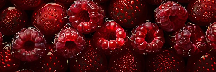 A macro shot showcasing the glistening texture of ripe red raspberries arranged in a visually stunning pattern against a dark background