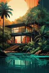 luxury villa in tropical jungle landscape illustration - obrazy, fototapety, plakaty
