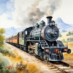 Fototapeta na wymiar Watercolor Seamless STEAM TRAIN Illustration, Generative Ai