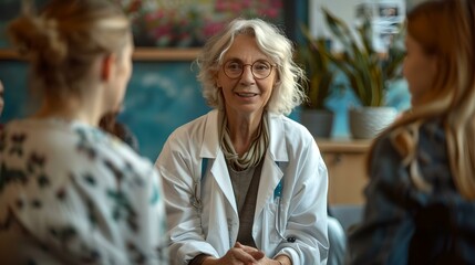 Elderly professional woman discussing with young adults in a cozy room. candid lifestyle photo. ideal for intergenerational concepts. AI