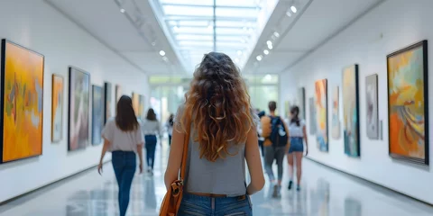 Poster People enjoying art exhibits in a modern museum with interactive technology. Concept Art Exhibits, Modern Museum, Interactive Technology, Visitor Experience, Contemporary Art © Anastasiia