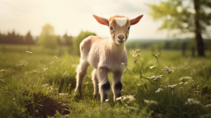 A happy little goat or lamb in a meadow on a sunny day. Agricultural industry. Farming.