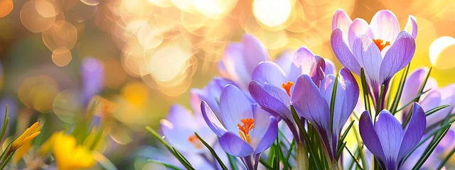 Fotobehang Background with purple crocuses, spring nature flowers, template for horizontal banner © Artlana