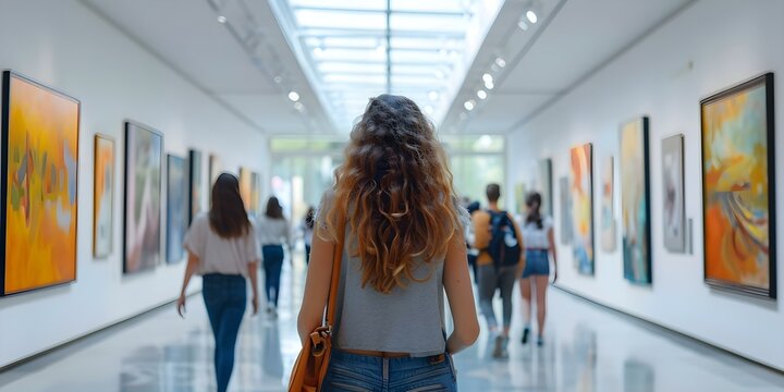 People enjoying art exhibits in a modern museum with interactive technology. Concept Art Exhibits, Modern Museum, Interactive Technology, Visitor Experience, Contemporary Art