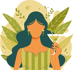 vector illustration, summer holiday, vacation, relax, martini, cocktail, young girl portrait, tan, faceless, icon, poster, woman, flower, cartoon, hair, spring, lady, bikini, green, beach, baby, desig