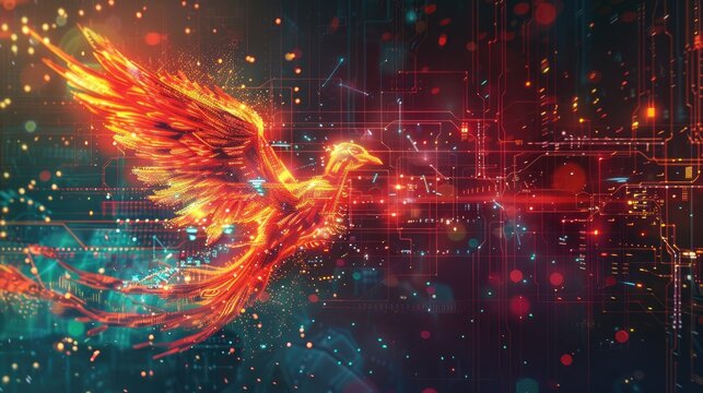 A digital phoenix rising from circuitry ashes symbolizing rebirth and innovation