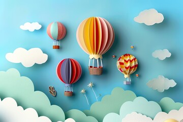 Obraz premium A representation of a hot air balloon festival with colorful balloons rising in a paper cut sky