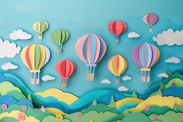 Fototapeta na wymiar A representation of a hot air balloon festival with colorful balloons rising in a paper cut sky