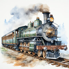 Obraz premium Watercolor Seamless STEAM TRAIN Illustration, Generative Ai
