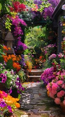 A vibrant garden in full bloom with a hidden nook for writing