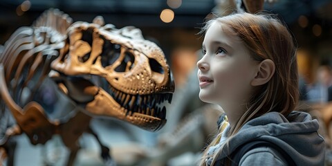 A young student examines a dinosaur skeleton during a museum visit. Concept Dinosaur discovery, Museum exploration, Science education, Fossil investigation, Learning adventure