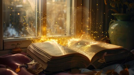 An enchanted book opening to release glowing joyful memories and dreams into a room