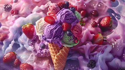 Plantbased waffle cone with purple ice cream and vibrant berries