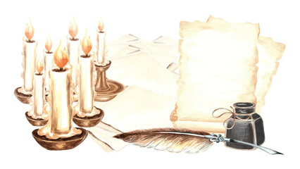 Sheets of parchment paper and burning candles, feather pen with inkwel. Vintage composition of aged writing supplies. Isolated hand drawn illustration. Drawing template for card, design, scrapbooking.