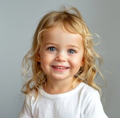 Sweet Little Girl with Blond Hair and Blue Eyes Smiling - Generative AI