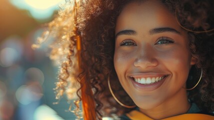 Portrait of a cheerful young woman with curly hair and sparkling eyes, smiling warmly in a sunlit setting.