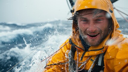 A smiling young sailor in a vibrant yellow raincoat faces the ocean spray, exuding happiness during a dynamic sailing expedition.