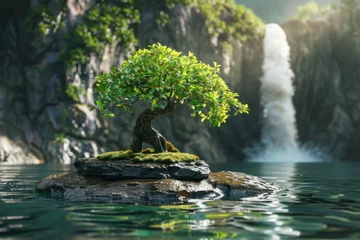 Fotobehang Zen Bonsai Tree on a Secluded Rock by a Waterfall © Vivid Frames