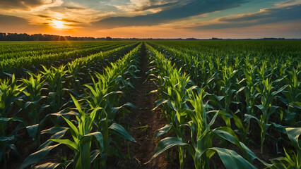 A field of corn on the plain, with a beautiful sunset on a very fertile land.
