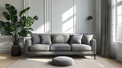 Modern minimalist living room with cozy grey sofa, natural light, and elegant decor. ideal for contemporary home design visuals. AI