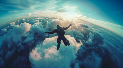 aerial shots of skydiver freefalling through the clouds and parachuting down to earth against breathtaking landscapes, central framing, well-generated silhouette - obrazy, fototapety, plakaty
