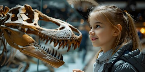 A young student explores a dinosaur skeleton at a museum. Concept Exploration, Dinosaur Fossils,...