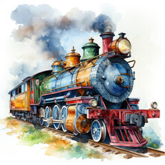 Naklejka premium Watercolor Seamless STEAM TRAIN Illustration, Generative Ai