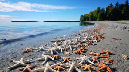 Deserted beach full of starfish