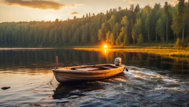 boat on the lake at sunset