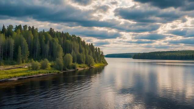 beautiful panoramic landscape with lake and forest