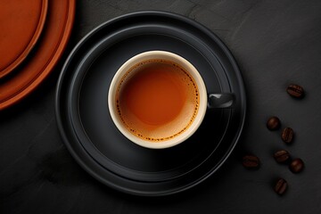 Coffee cup and beans on kitchen table. Top view, flatlay. Generative Ai