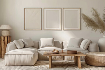 Modern Bohemian Living Room Interior: Designed Sofa, Wooden Coffee Table, Elegant Personal Accessories, Contemporary Home Decor