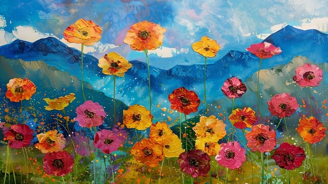 Vibrant field of flowers against blue mountain range. artistic floral landscape painting for decor. colorful art style. ideal for home and office. AI