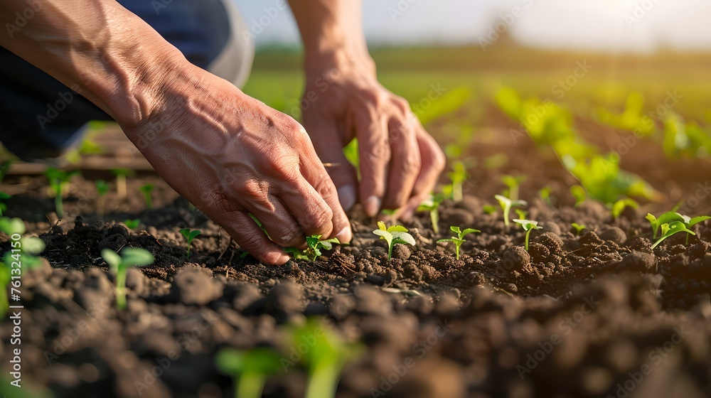 Poster Close-up of hands gently tending to young plants in soil. concept of growth and care in gardening. image suitable for environmental themes. AI