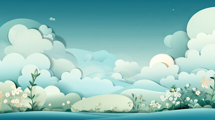 Fototapeta premium Soothing landscape of layered paper clouds and delicate flowers in a pastel sky