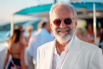 Foto auf Glas  Wealthy senior man at luxury yacht party with glamorous women, summer cruise vacation © KEA