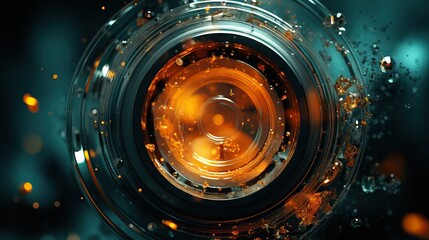 A close-up of a camera lens with golden light reflections and water droplets - obrazy, fototapety, plakaty