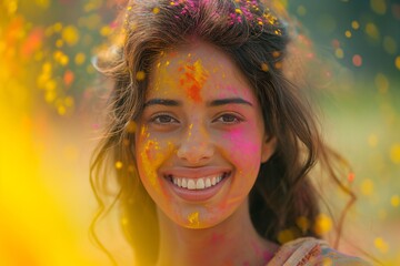 Beautiful indian woman joyful in Indian Holi Festival of colors