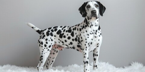 Portrait of a beautiful Dalmatian dog with characteristic black spots, posing against a gray background.