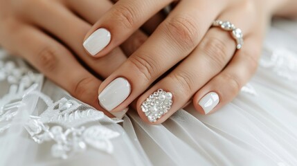 Detailed close up of woman s elegant hand with fashionable white nail polish for a glamorous look